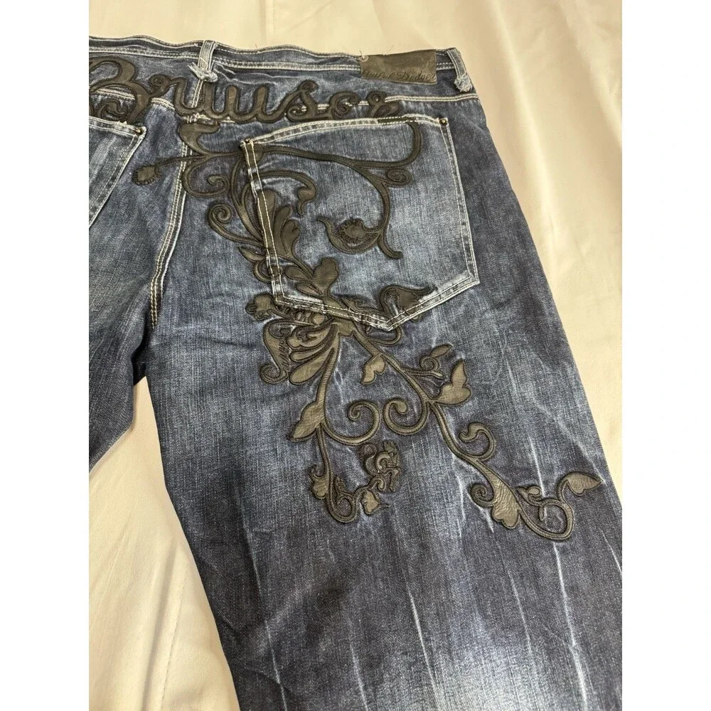 Artful Dodger Blue Jeans Embroidered Pockets Wide Leg Baggy Y2K Mens Size 42X33